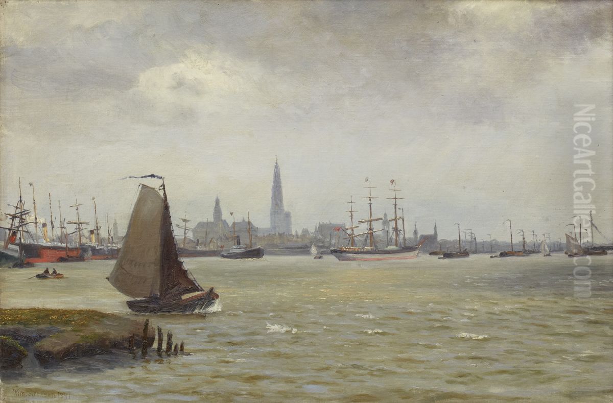 Vessels on the Meuse. Oil Painting by Vilhelm Arnesen