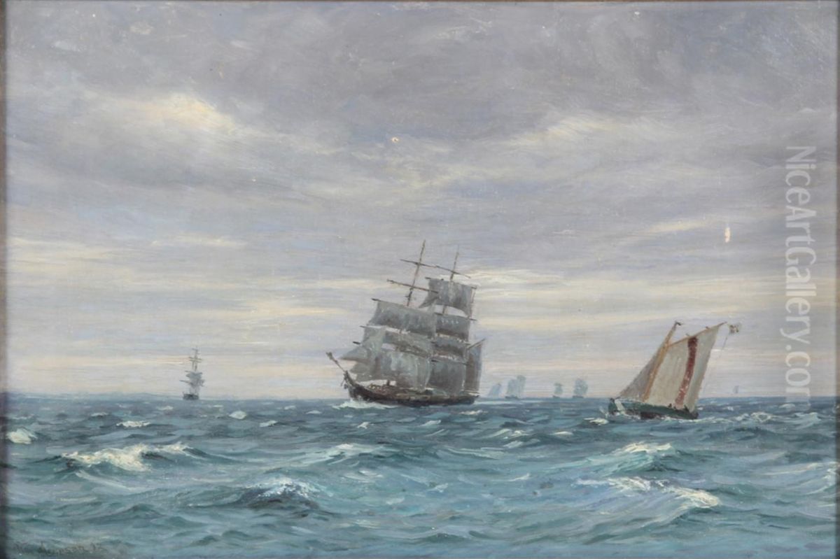 Sejlskibe i friskt vejr. Oil Painting by Vilhelm Arnesen