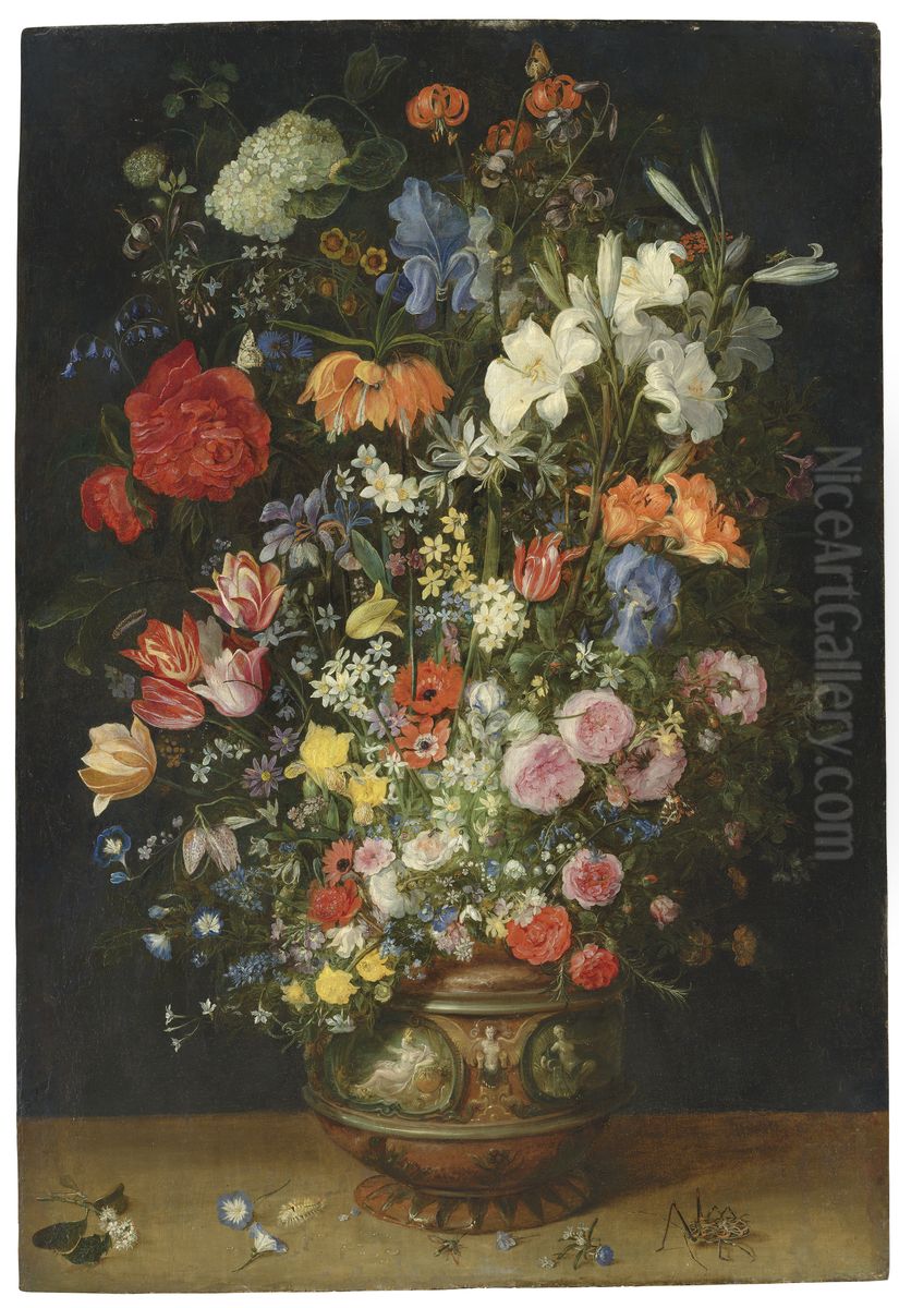 Lilies, tulips, roses and other flowers in an ornamental vase on a ledge, with butterflies and beetles Oil Painting by unknown