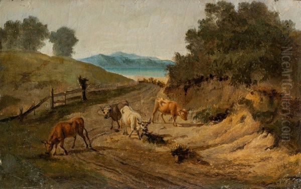 Vier junge Stiere auf sandigem Weg, in der Ferne See Oil Painting by Albert Becker