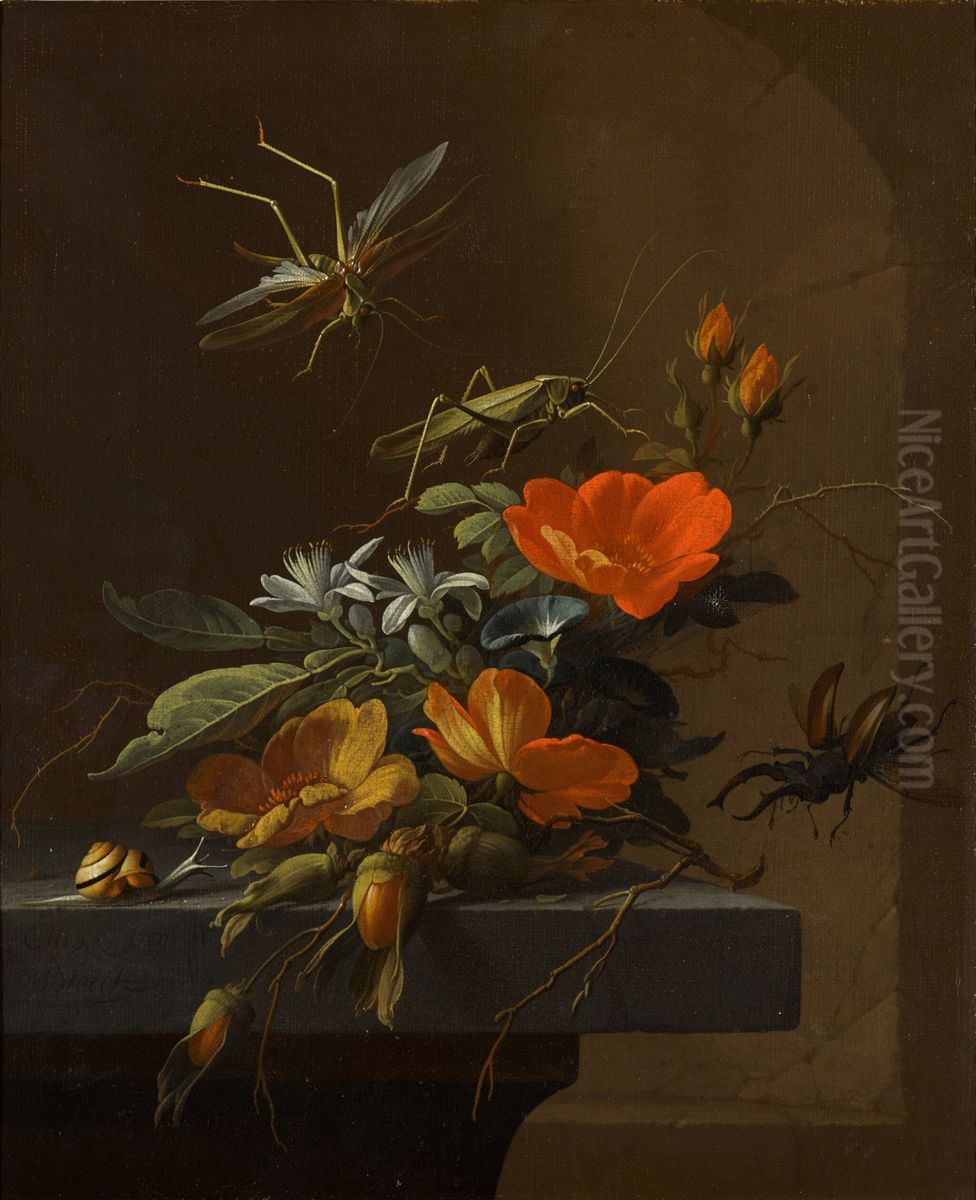 Still life of Austrian briars and other flowers on a stone plinth, with a flying stag beetle and other insects Oil Painting by Elias van den Broeck