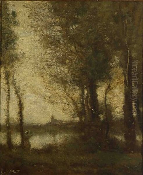 Memories of the marshes of Fampoux. Dawn Oil Painting by Jean-Baptiste Camille Corot