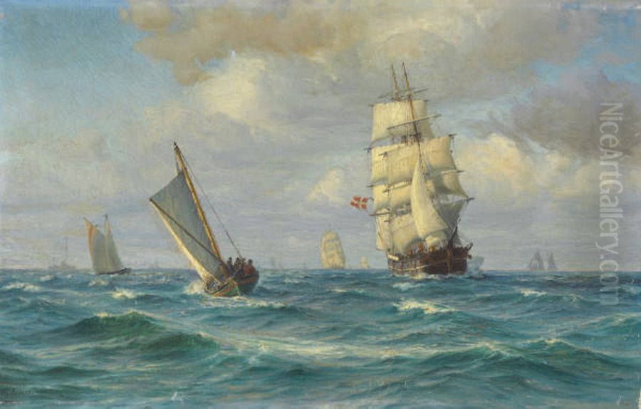 Skibe til sos. Oil Painting by Vilhelm Arnesen