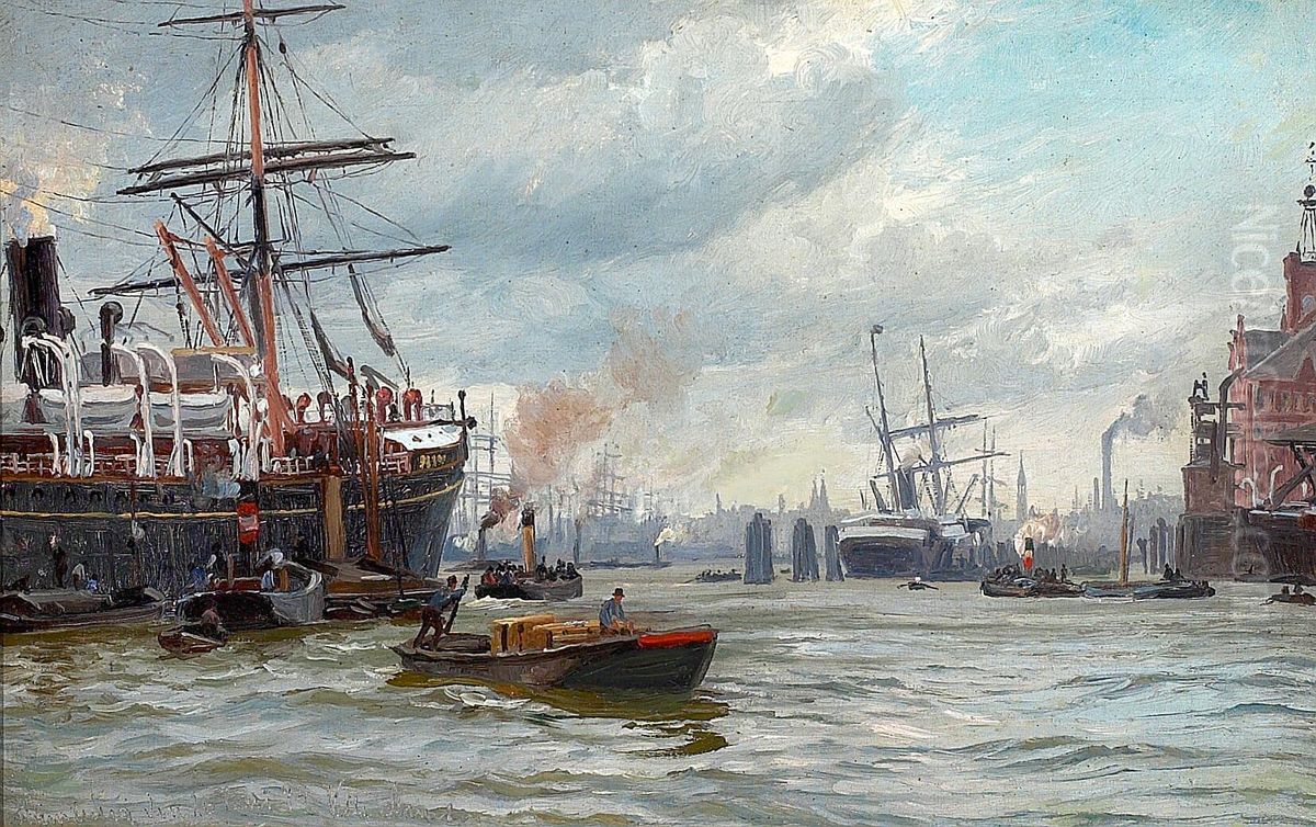 Havneparti fra Hamborg med skibe og figurer. Oil Painting by Vilhelm Arnesen