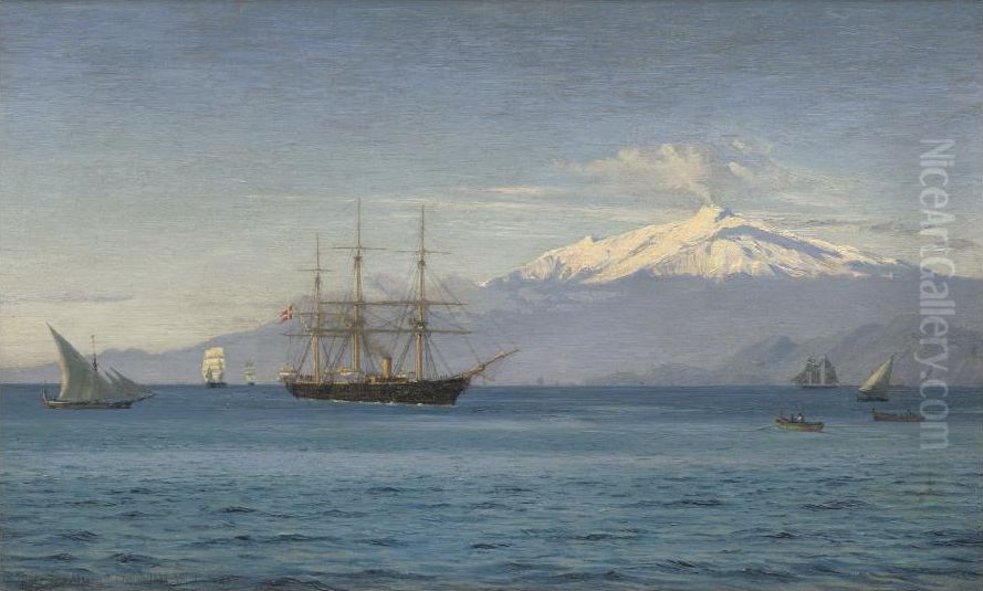 Korvetten Dagmar i Messinastraedet. Oil Painting by Vilhelm Arnesen