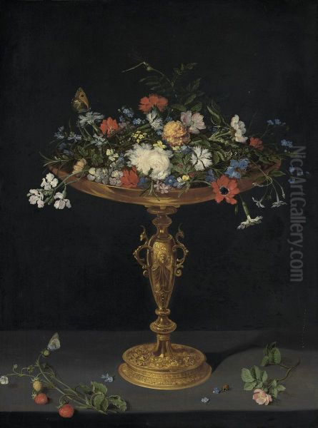 Flowers in a tazza on a ledge Oil Painting by Jan Brueghel the Elder