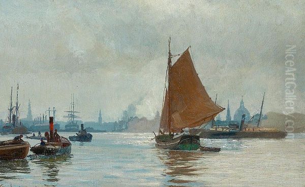 Livlig trafik i Kobenhavns havn. Oil Painting by Vilhelm Arnesen