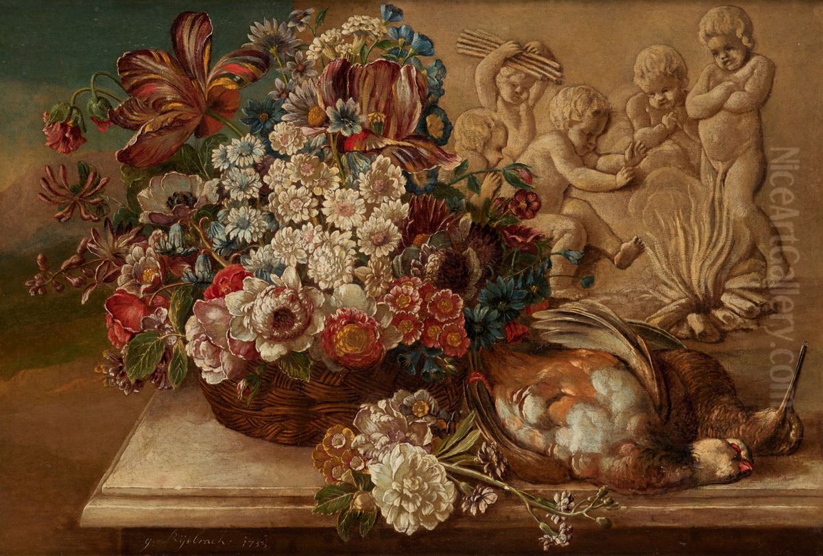 Floral composition on entablature with cupids and hunting table Oil Painting by Gerard Rijsbrack