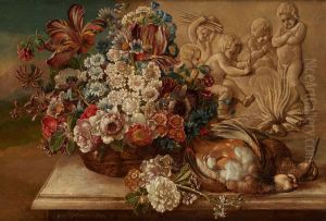 Floral composition on entablature with cupids and hunting table