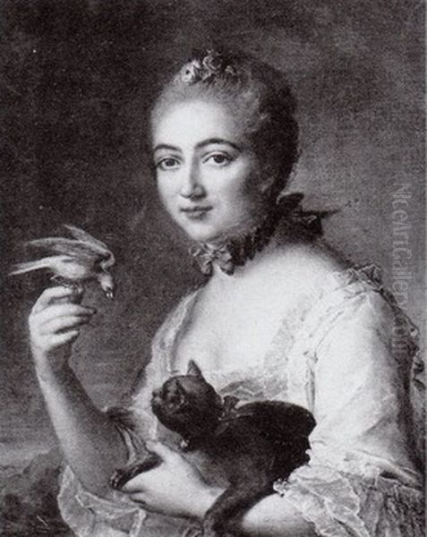 Portrait of Young Woman with Cat and Bird Oil Painting by Jean-Frederic-Marc Nattier