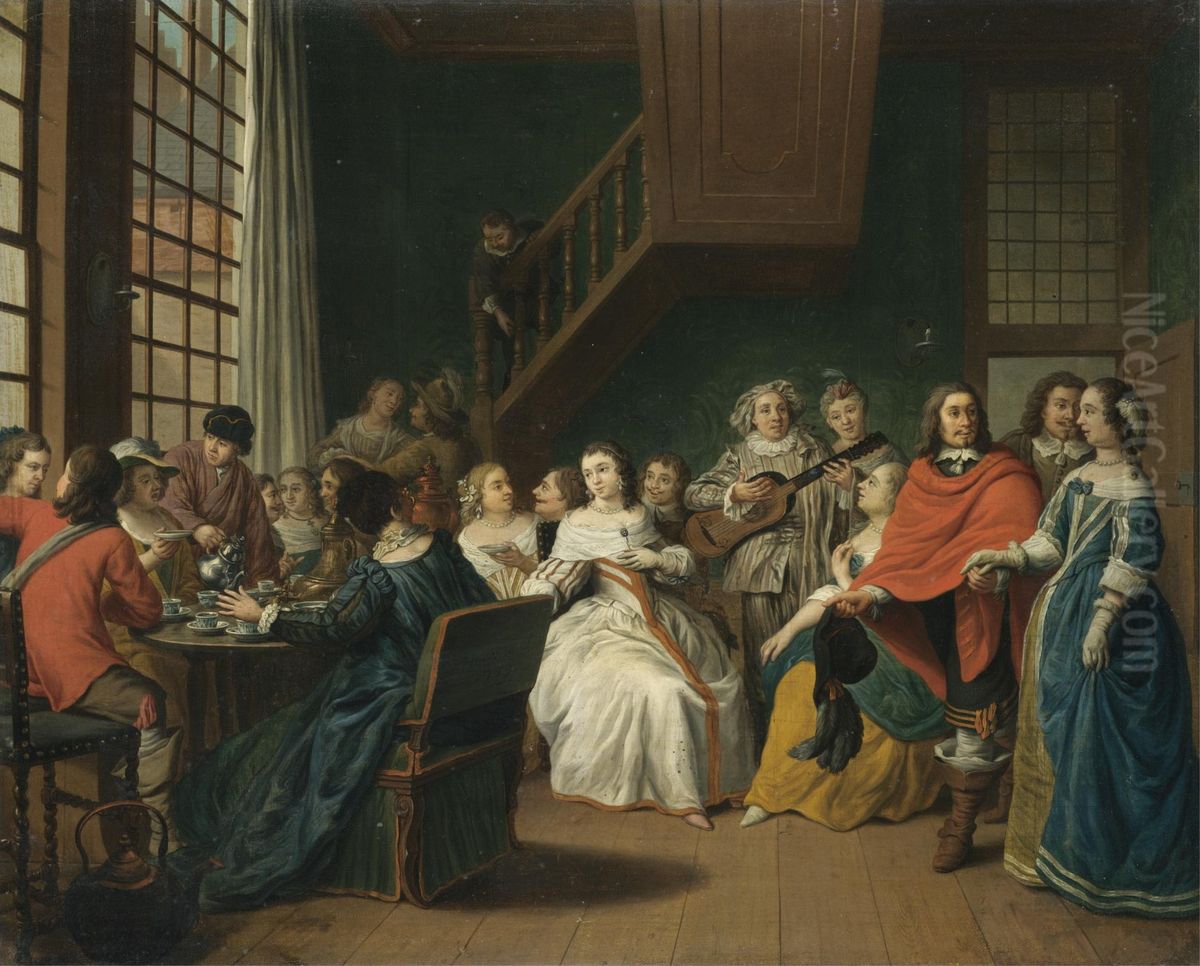 Domestic interior with elegant figures taking tea before others performing a play Oil Painting by Peter Jacob Horemans