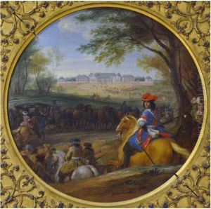 Arrival of Louis XIV with his guards in front in view of he old Castle of Versailles