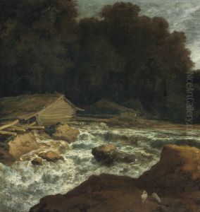 A wooded river landscape with a woodmill by a weir
