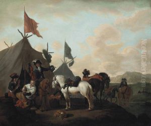 Soldaten halthoudend bij een marketensterstent Soldaten halthoudend bij een marketensterstent