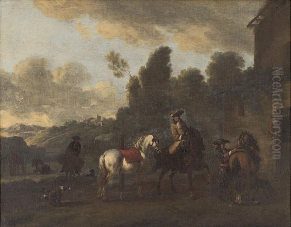 Ruiters bij een huis in een zuidelijk landschap Oil Painting by Evert Oudendijck