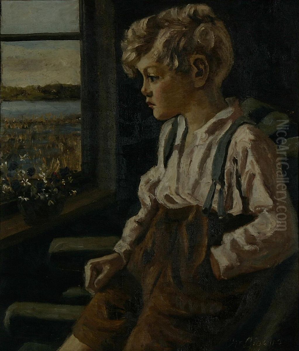 En dreng ved et vindue. Oil Painting by Christian Aigens