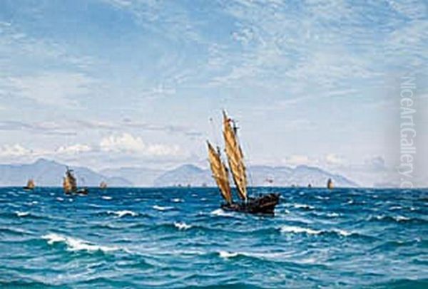 Sejlskibe pa havet ud for Hong Kong. Oil Painting by Vilhelm Arnesen