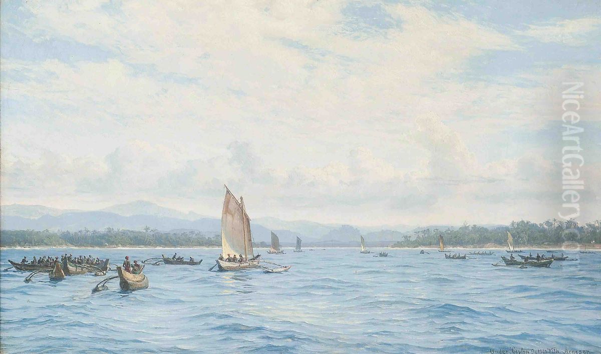 Fishing boats with outriggers, Ceylon. Oil Painting by Vilhelm Arnesen