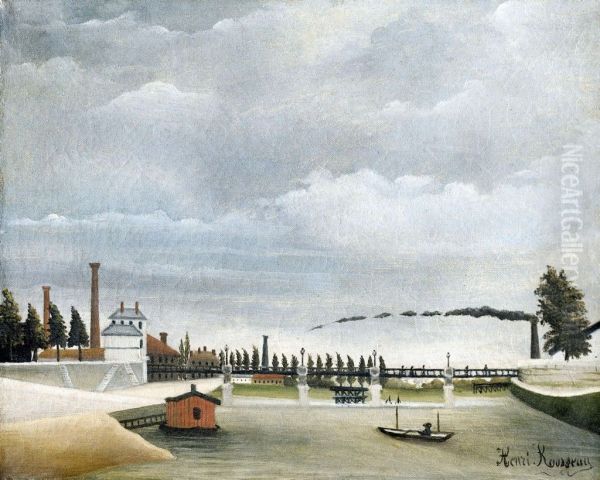 Vue de la passerelle de Passy (bords de la Seine) Oil Painting by Henri Rousseau