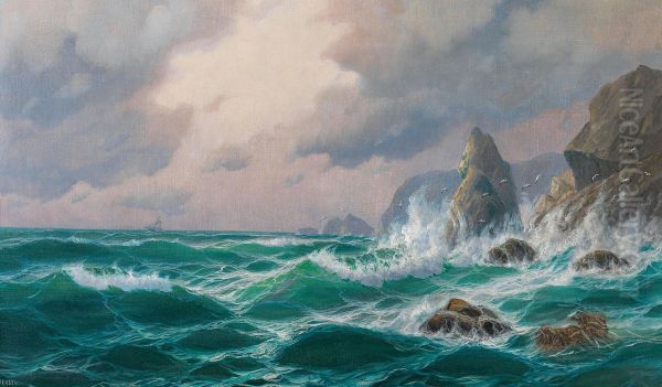 Sturmische See vor einer Felskuste Oil Painting by Max Jensen