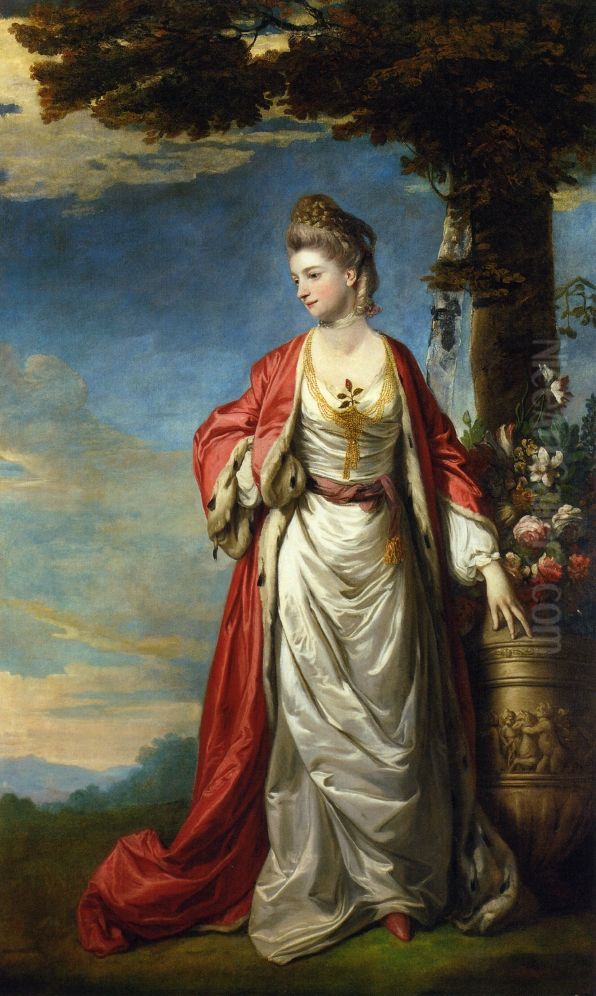 Mrs. Trecothick, Full Length, in 'Turkish' Masquerade Dress, Beside an Urn of Flowers, in a Landscape Oil Painting by Of Sir Joshua Reynolds