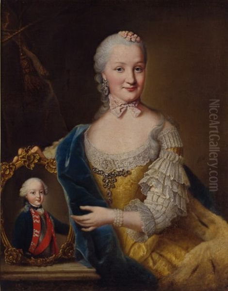 Bildnis der Maria Franziska von Pfalz-Sulzbach mit einem Gemalde ihres Sohnes Karl August Oil Painting by Johann Georg Ziesenis