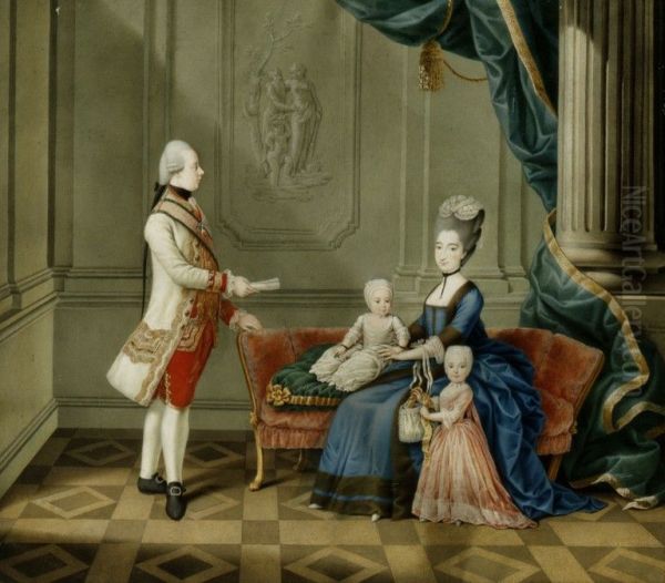 Archduke Ferdinand of Austria with his wife Maria Beatrice d'Este holding Archduchess Maria Leopoldine of Austria-Este (Future Electress of Bavaria) with Archduchess Maria Theresa of Austria-Este, (Future Queen of Sardinia) wearing a pink dress. Oil Painting by Gaetano Perego