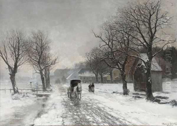 En hestevogn pa en tilsneet vej. Oil Painting by Anders Andersen-Lundby