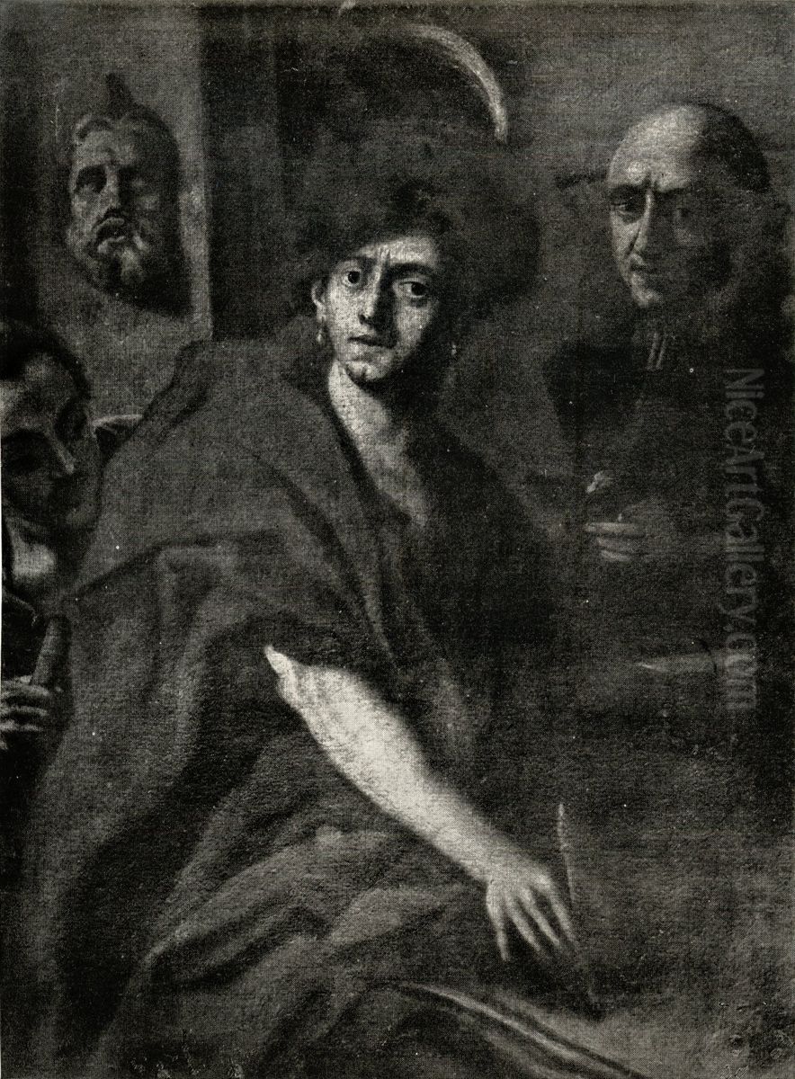 Self-Portrait with his Father and Brother Oil Painting by Cosmas Damian Asam
