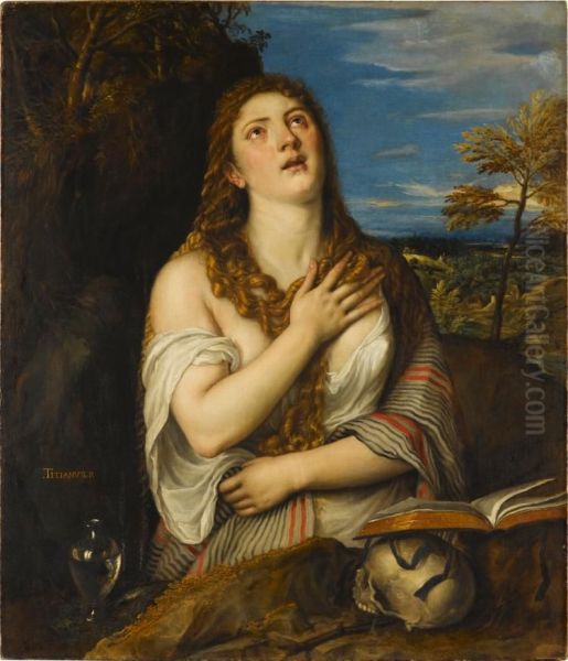 Saint Mary Magdalene as a penitent Oil Painting by Titianand workshop