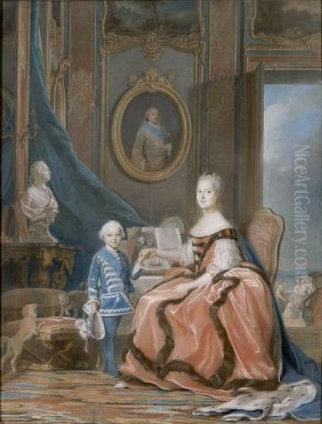 << Marie-Josephe de Saxe et le duc de Bourgogne dans son appartement de Versailles >> Oil Painting by Maurice Quentin de La Tour