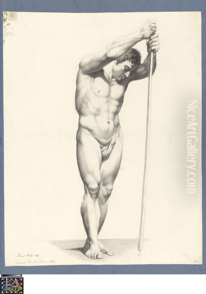 standing male nude holding a stick Oil Painting by Johannes du Burck