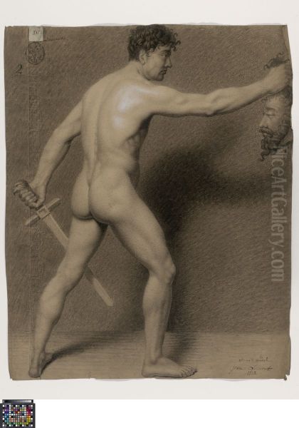 standing male nude holding a sword and severed head, seen from behind Oil Painting by Joannes Lernous