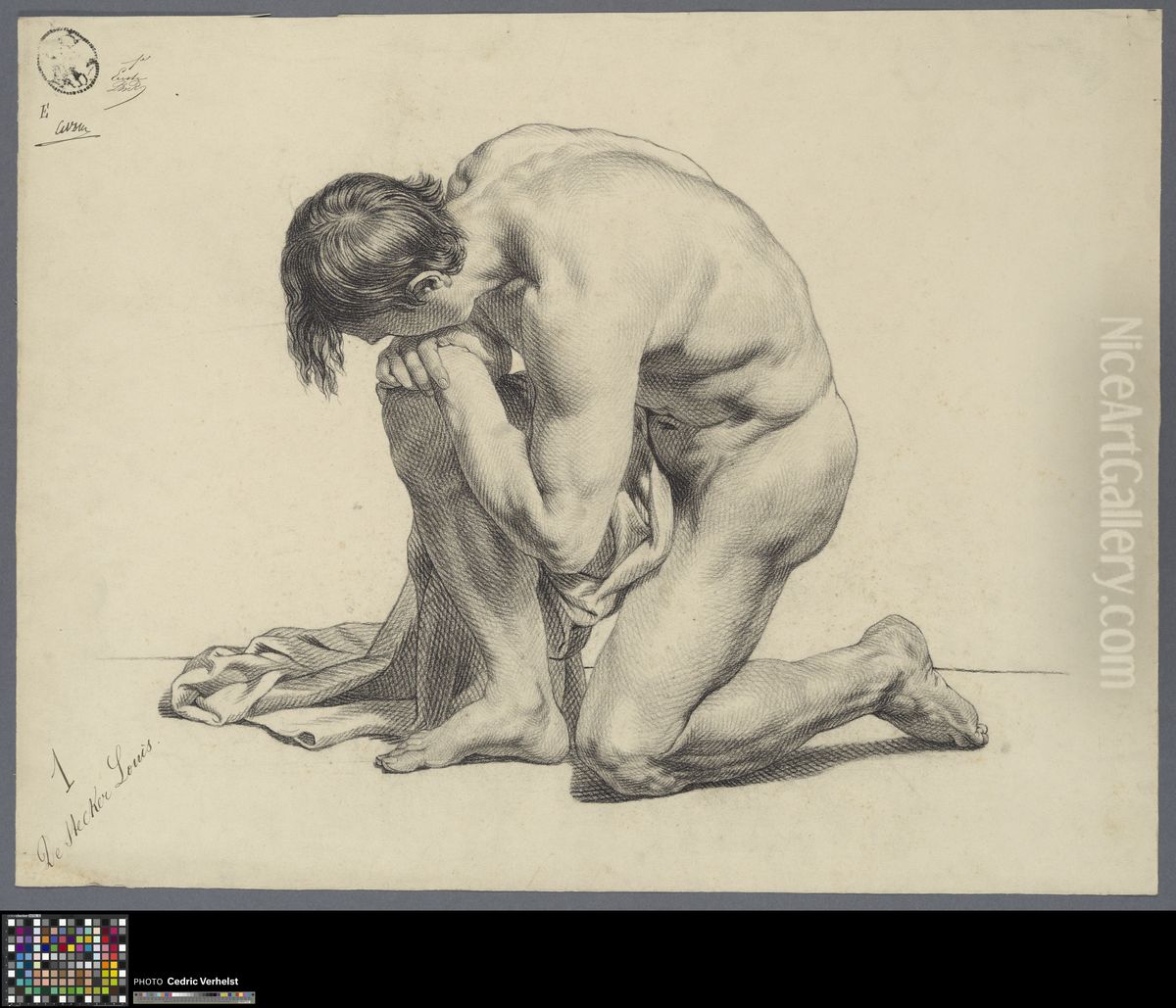 kneeling male nude with cloth Oil Painting by Louis de Stecker