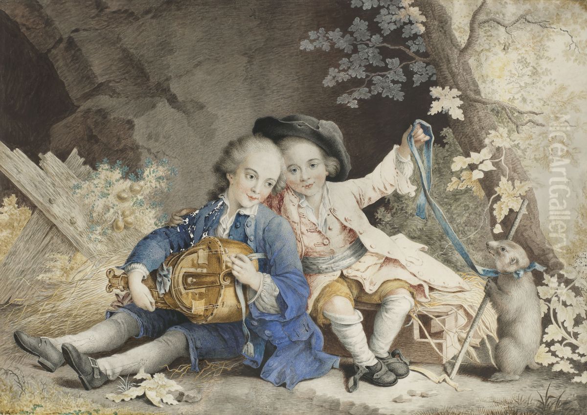 Hurdy-gurdy player and performer with a marmot Oil Painting by Jacques-Albert Senave