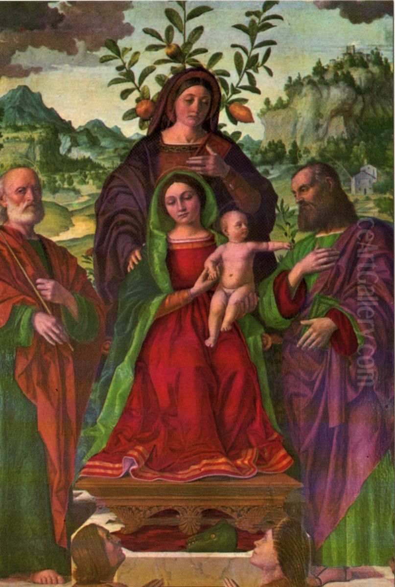 Madonna and child with Sainte Anne, Joseph and husband and wife Baughi as donors Oil Painting by Girolamo dai Libri