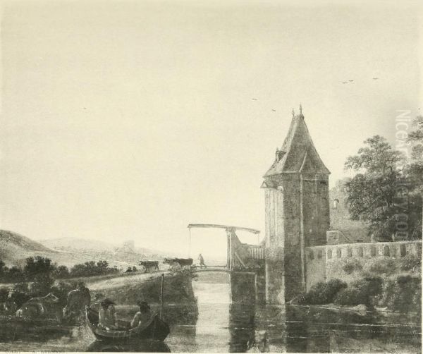 Herdsman driving cattle over a drawbridge Oil Painting by Aelbert Cuyp