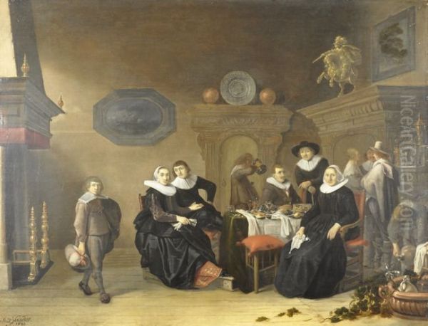 Portrait of the family of Liesbeth van Waart (....-1664) Oil Painting by Anthonie Palamedesz.