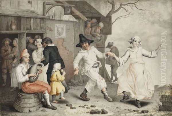 The dance to the musette player Oil Painting by Jacques-Albert Senave