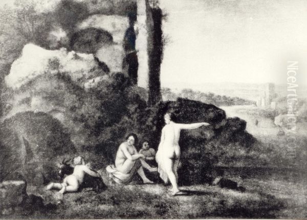 Women bathing in a stream. Oil Painting by Johann Christian Klengel