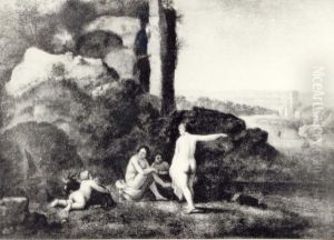 Women bathing in a stream.