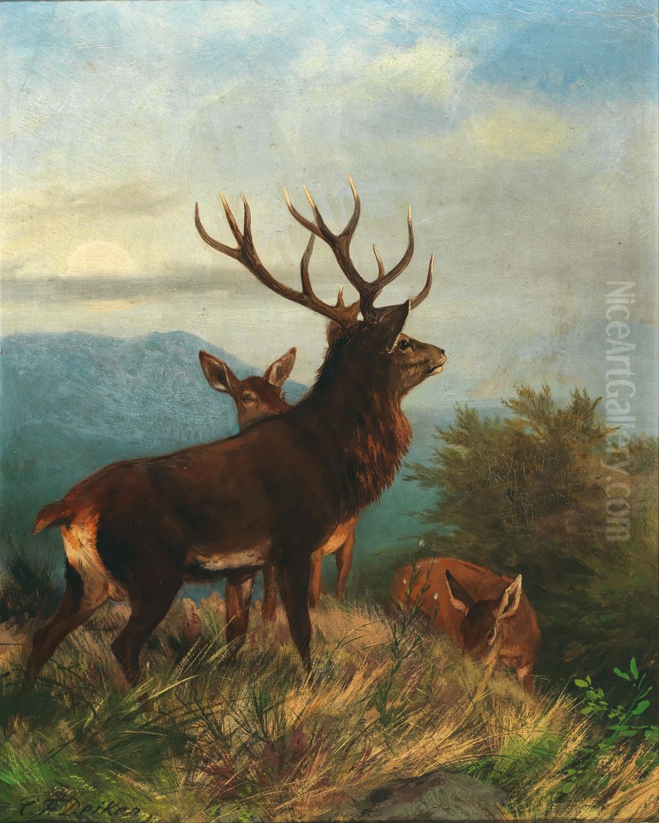 Deer with his pack Oil Painting by Carl Friedrich Deiker