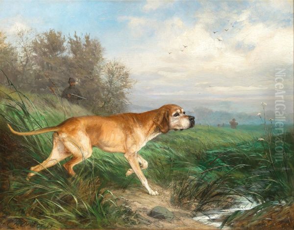 A Pointing Dog, in the Background a Hunter at the Edge of the Woods Oil Painting by Carl Friedrich Deiker