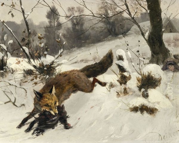 Fox with prey in a winter landscape Oil Painting by Carl Friedrich Deiker