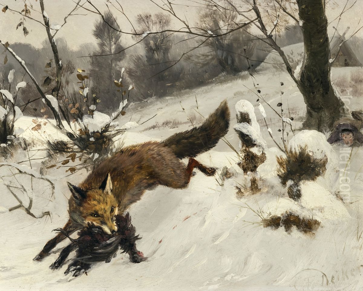 Fuchs mit Beute in Winterlandschaft Oil Painting by Carl Friedrich Deiker