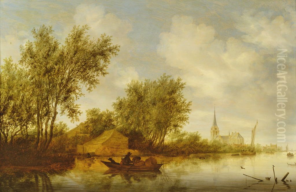 River Landscape with Church Oil Painting by Salomon van Ruysdael