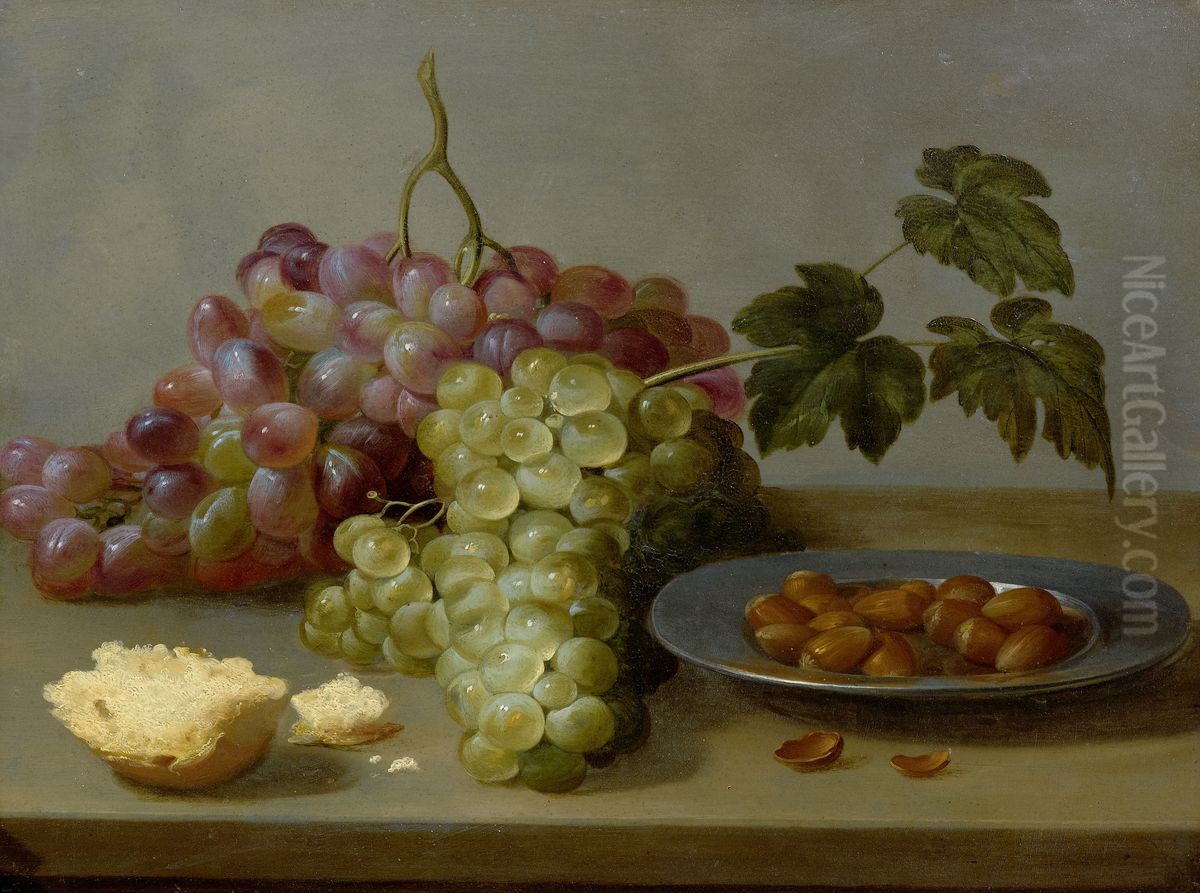 Still life with grapes and hazel nuts on a table Oil Painting by Jacob van Es