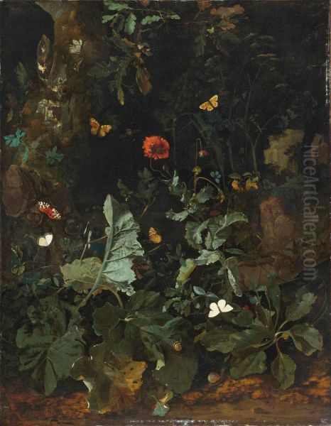 Bosgrondstilleven met planten, bloemen en vlinders Oil Painting by Nicolaes de Vree