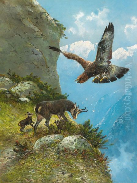 Chamois and Golden Eagle Oil Painting by Moritz Muller