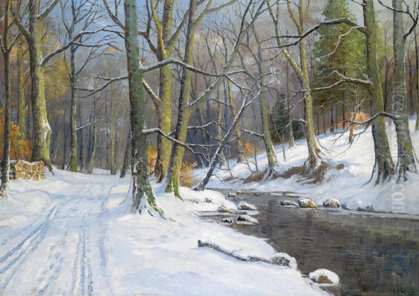 Landscape with Stream in Winter Oil Painting by Walter Moras